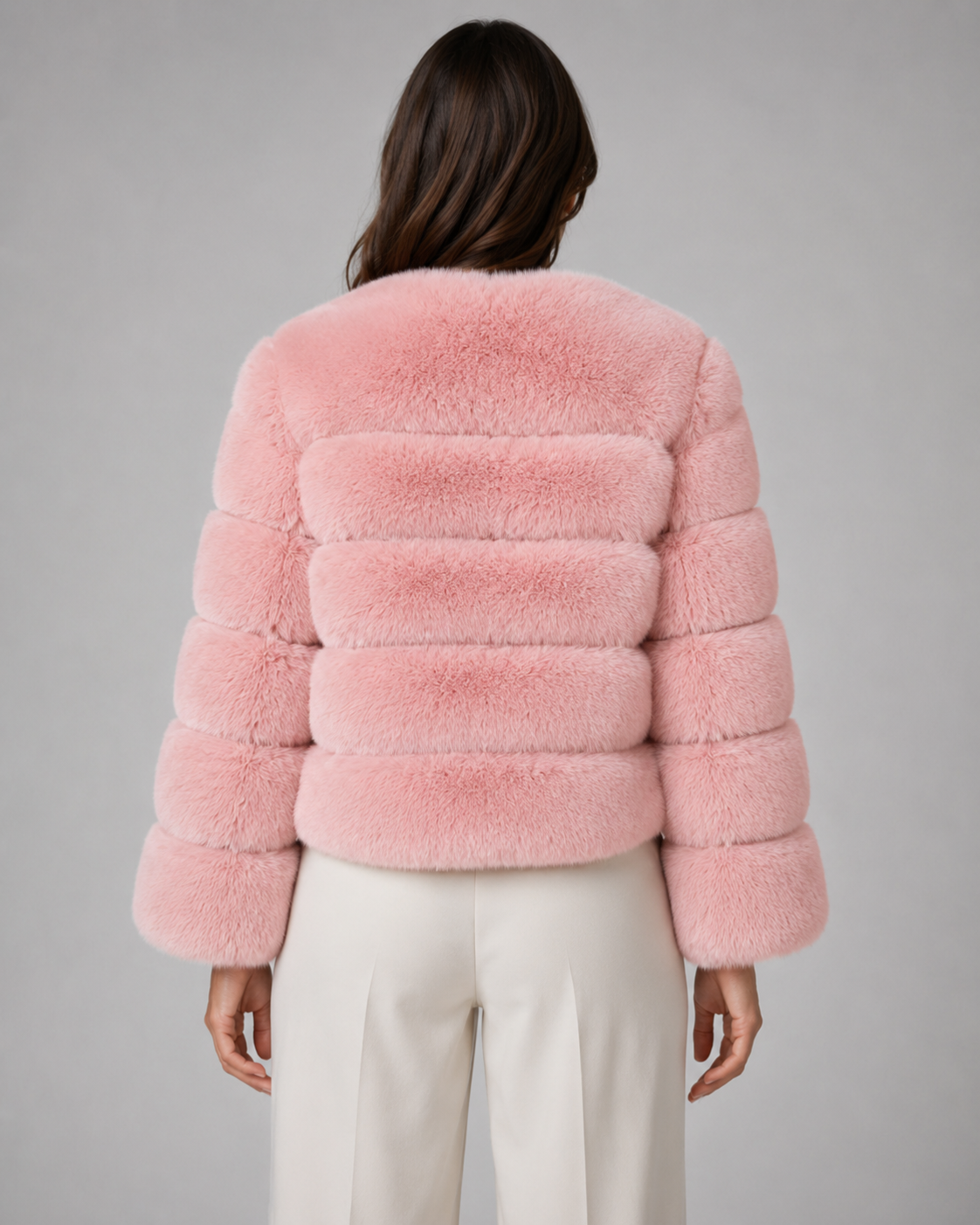 Women's Faux Fur Jacket - Collarless Cropped Fit