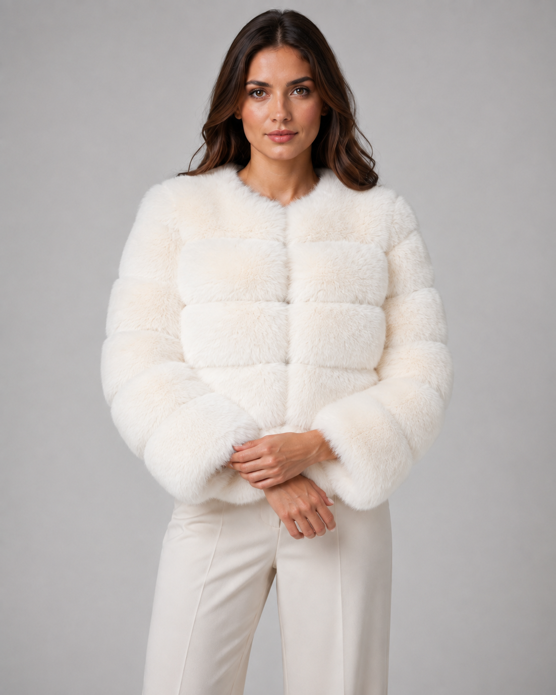 Women's Faux Fur Jacket - Collarless Cropped Fit