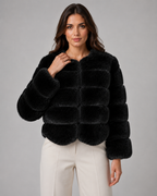 Women's Faux Fur Jacket - Collarless Cropped Fit