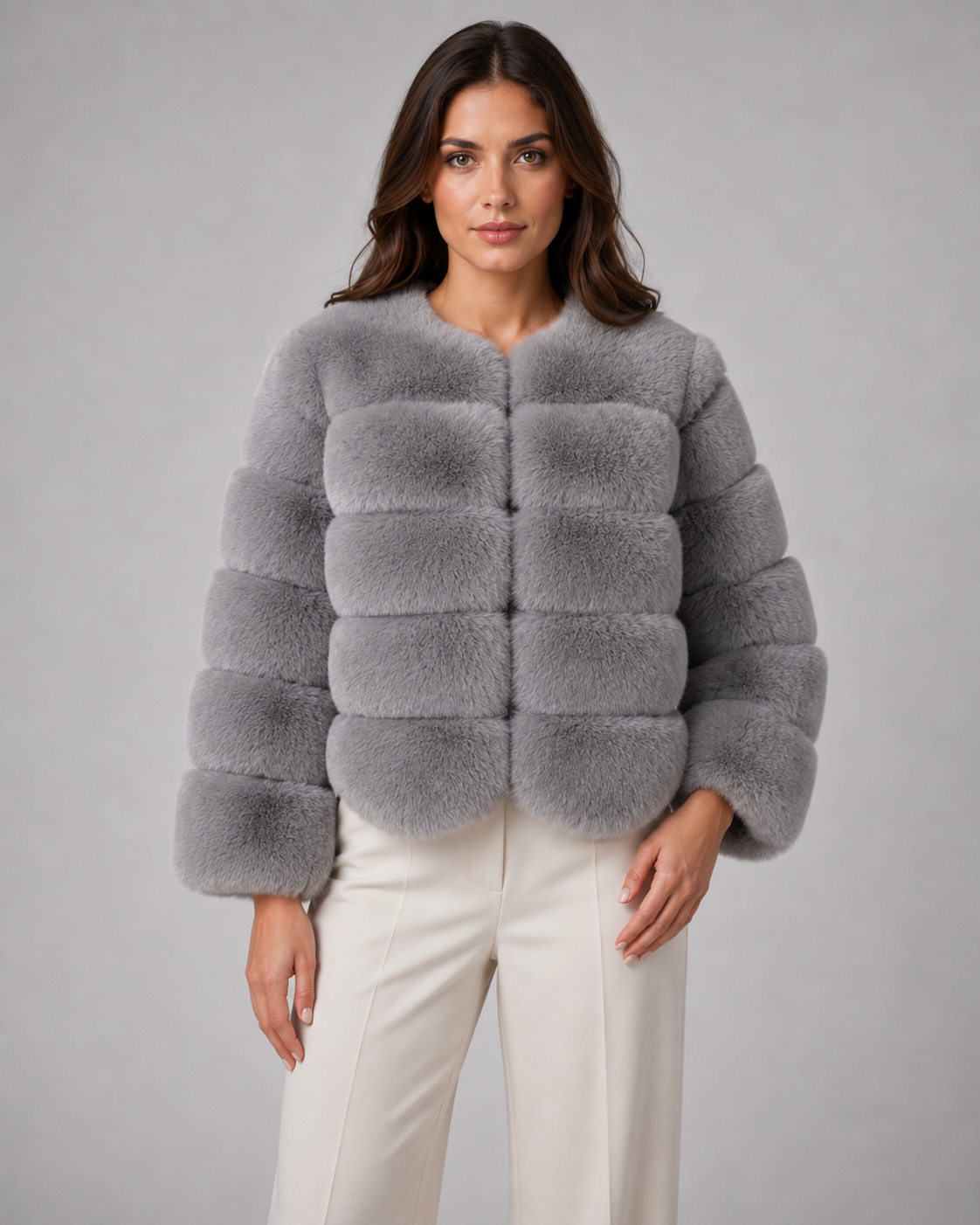 Women's Faux Fur Jacket - Collarless Cropped Fit