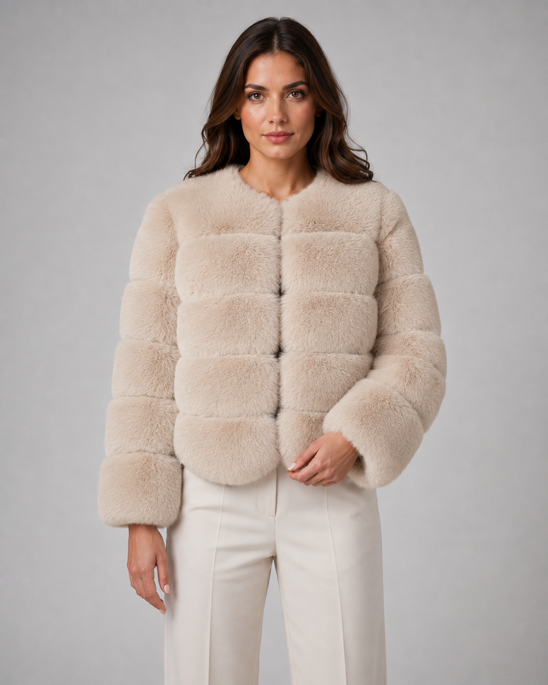 Women's Faux Fur Jacket - Collarless Cropped Fit