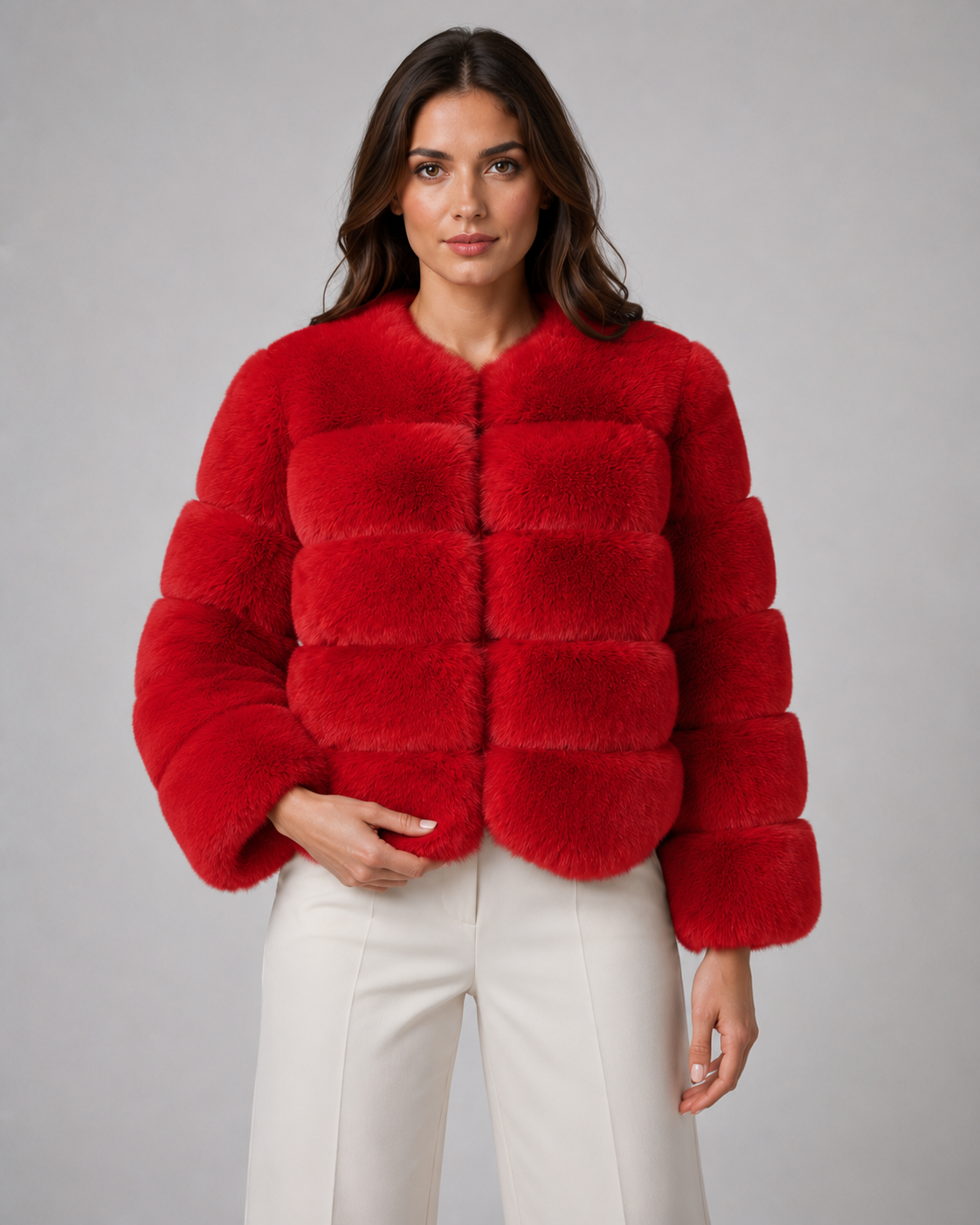 Women's Faux Fur Jacket - Collarless Cropped Fit