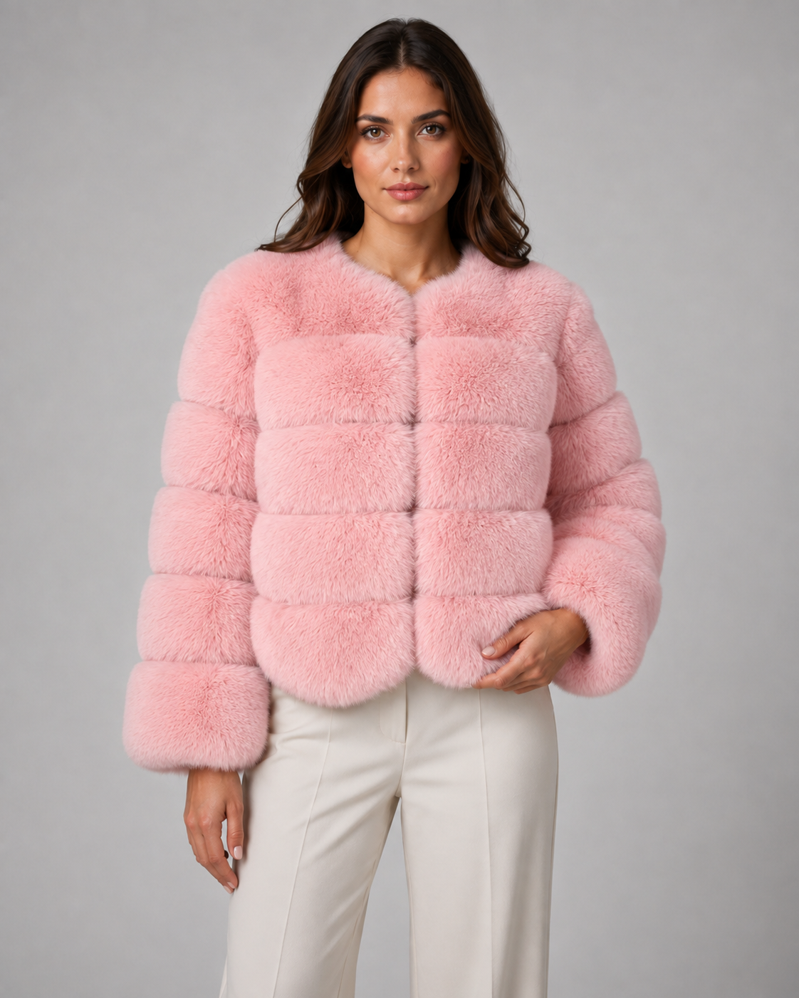 Women's Faux Fur Jacket - Collarless Cropped Fit