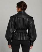 Women's Faux Leather Peplum Jacket Cinched Waist Puff Sleeve