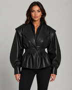 Women's Faux Leather Peplum Jacket Cinched Waist Puff Sleeve