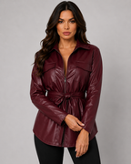 Women's Faux Leather Tie Waist Shirt Jacket Zip Front