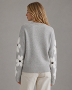 Women's Floral Sleeve Knitted Sweater - Crew Neck Relaxed Fit