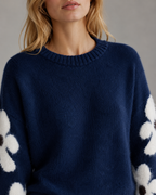 Women's Floral Sleeve Knitted Sweater - Crew Neck Relaxed Fit