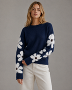 Women's Floral Sleeve Knitted Sweater - Crew Neck Relaxed Fit