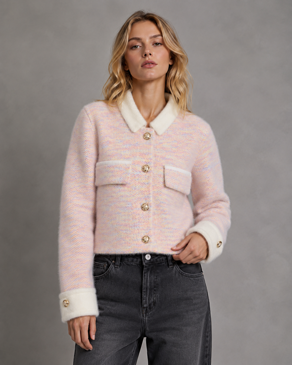 Women's Fuzzy Cropped Cardigan - Contrast Collar