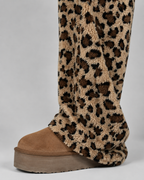 Women's Fuzzy Leopard Print Wide-Leg Sweatpants - High Rise