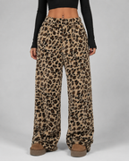 Women's Fuzzy Leopard Print Wide-Leg Sweatpants - High Rise