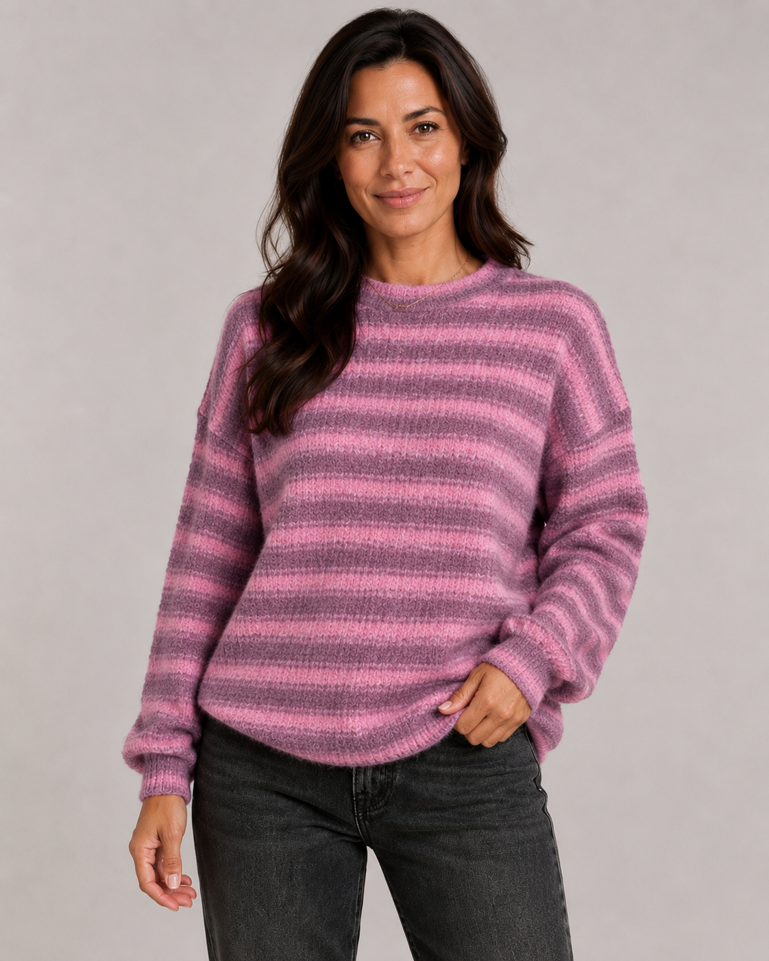 Women's Fuzzy Striped Crew Neck Sweater - Relaxed Fit