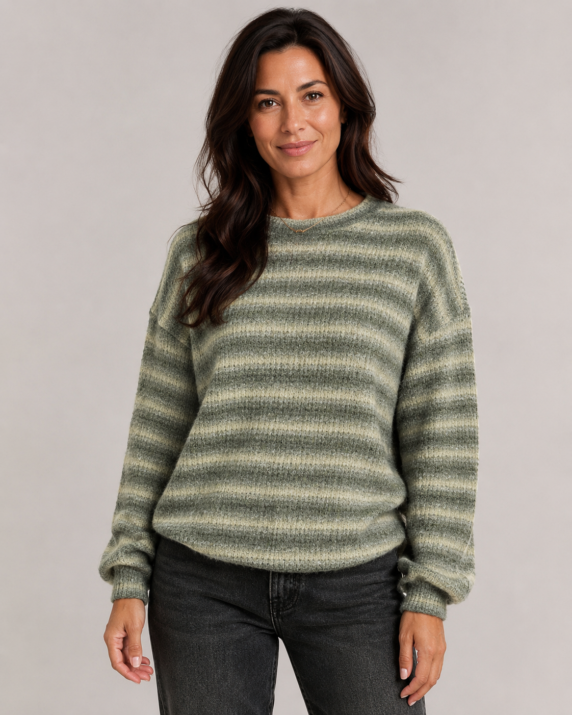 Women's Fuzzy Striped Crew Neck Sweater - Relaxed Fit