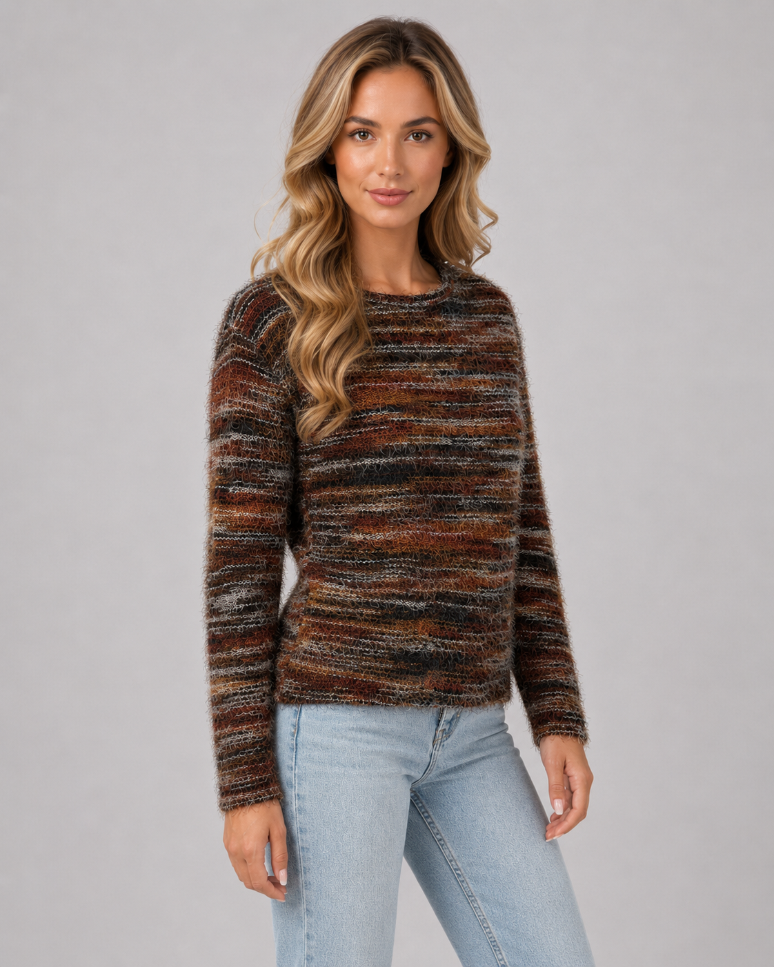 Women's Fuzzy Striped Sweater - Crew Neck Regular Fit