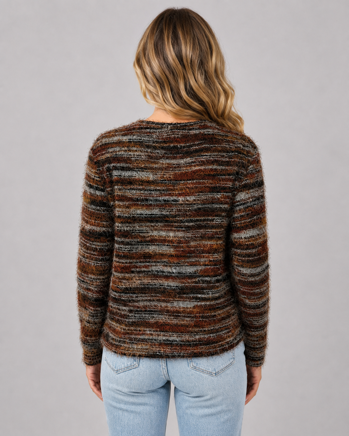 Women's Fuzzy Striped Sweater - Crew Neck Regular Fit