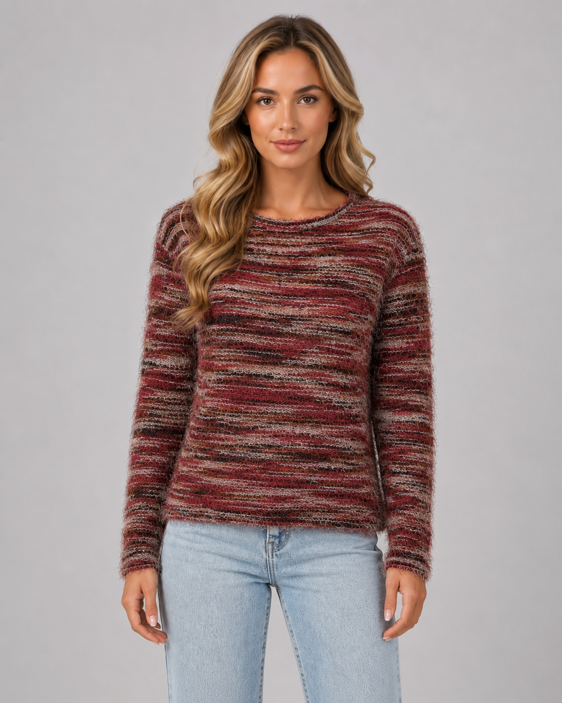 Women's Fuzzy Striped Sweater - Crew Neck Regular Fit