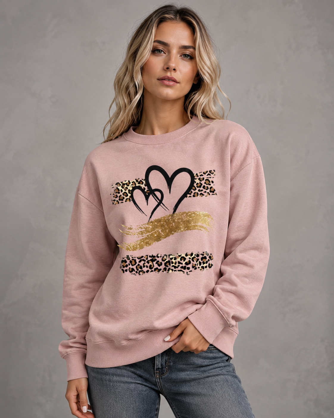 Women's Heart Leopard Sweatshirt - Drop Shoulder