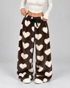 Women's Heart Print Fleece Lounge Pants Wide Leg