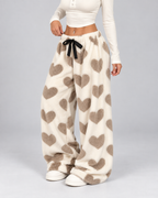 Women's Heart Print Fleece Lounge Pants Wide Leg