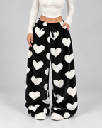 Women's Heart Print Fleece Lounge Pants Wide Leg