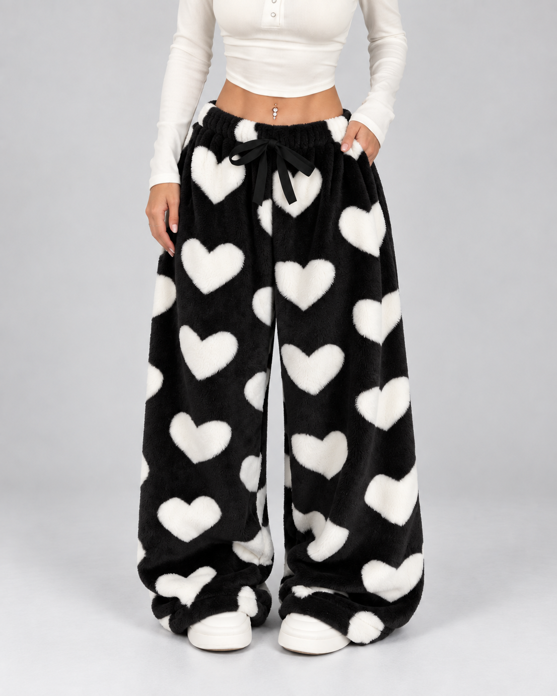 Women's Heart Print Fleece Lounge Pants Wide Leg