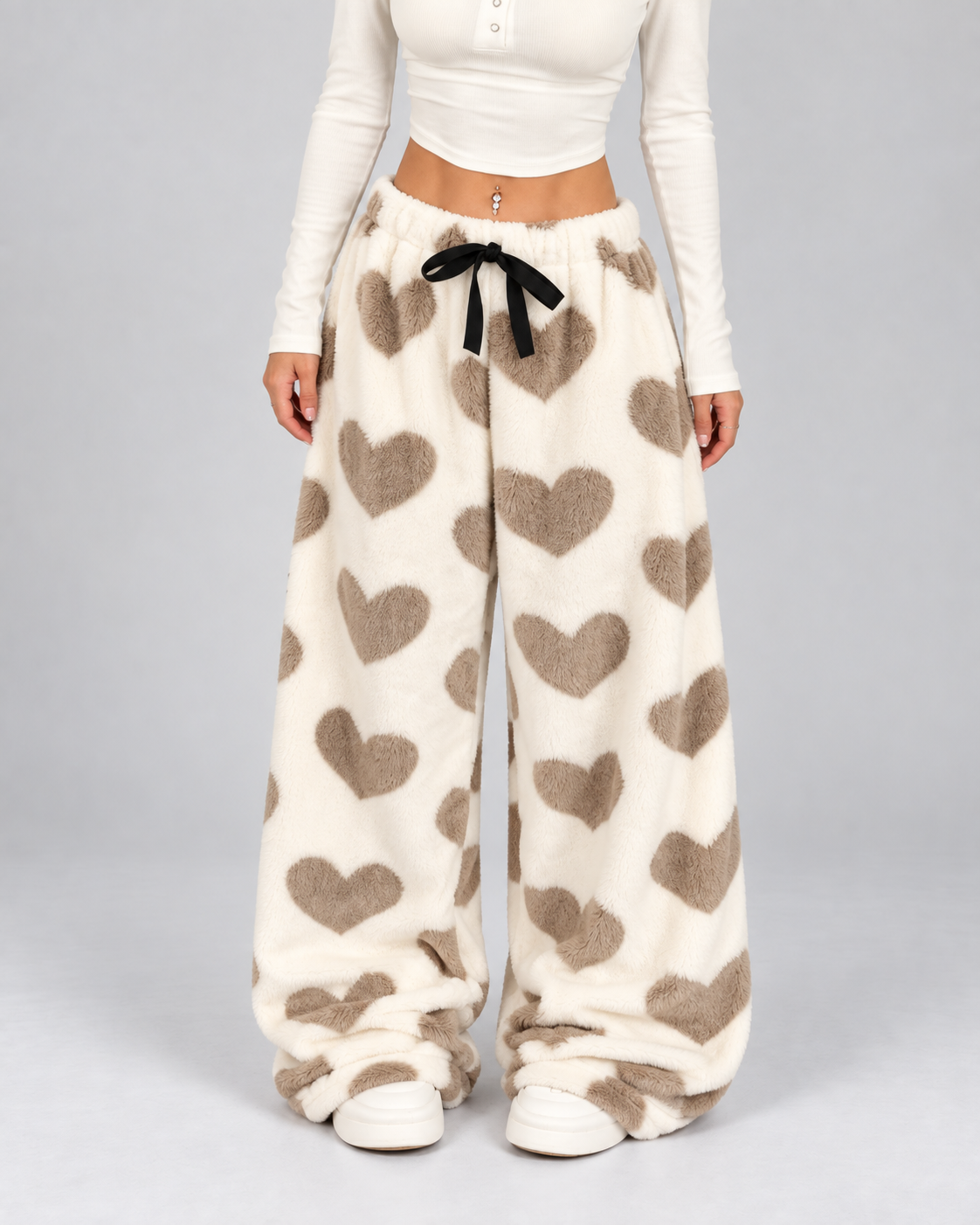 Women's Heart Print Fleece Lounge Pants Wide Leg
