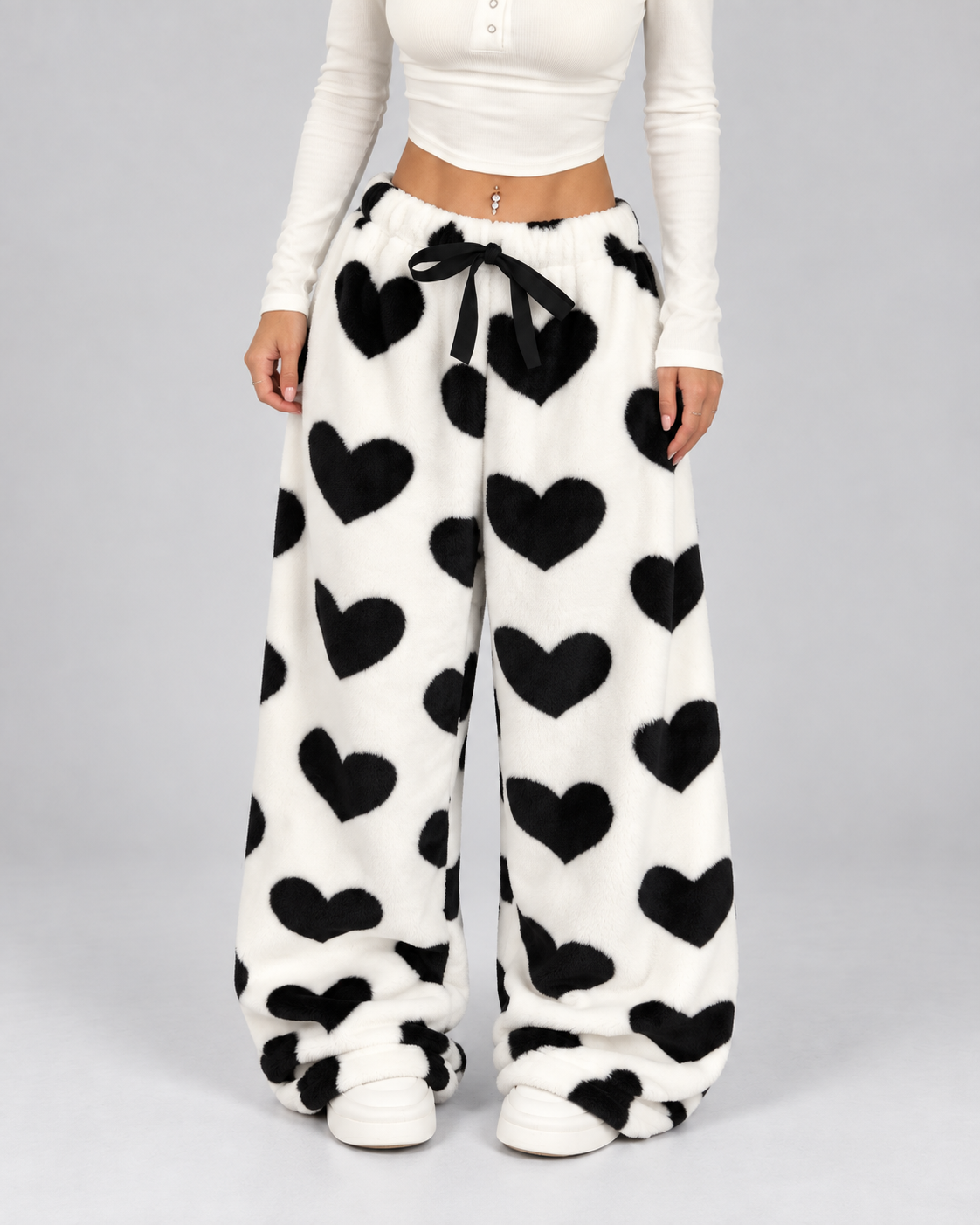 Women's Heart Print Fleece Lounge Pants Wide Leg