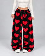 Women's Heart Print Fleece Lounge Pants Wide Leg