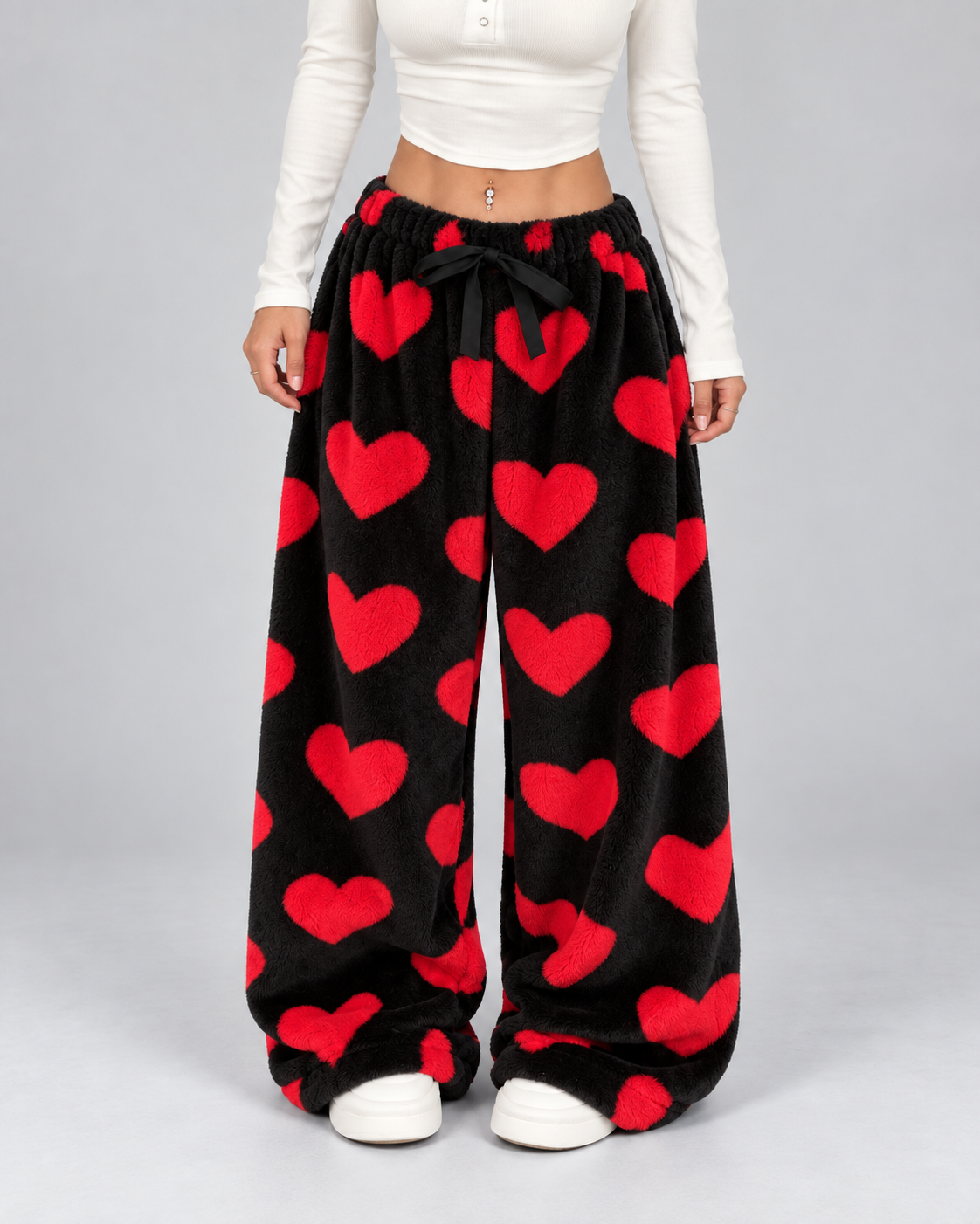 Women's Heart Print Fleece Lounge Pants Wide Leg