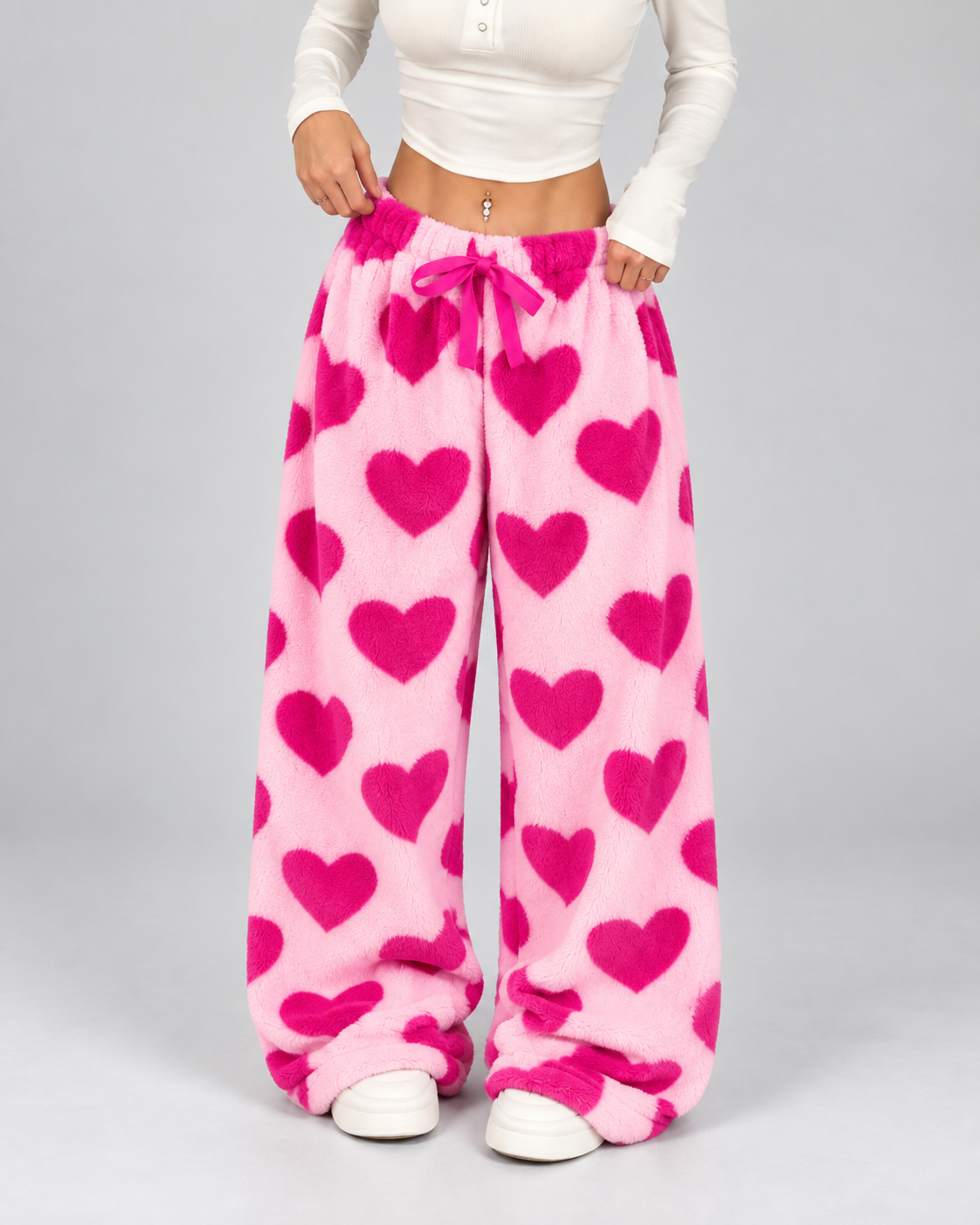 Women's Heart Print Fleece Lounge Pants Wide Leg