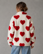 Women's Heart Print Teddy Fleece Jacket - Full Zip