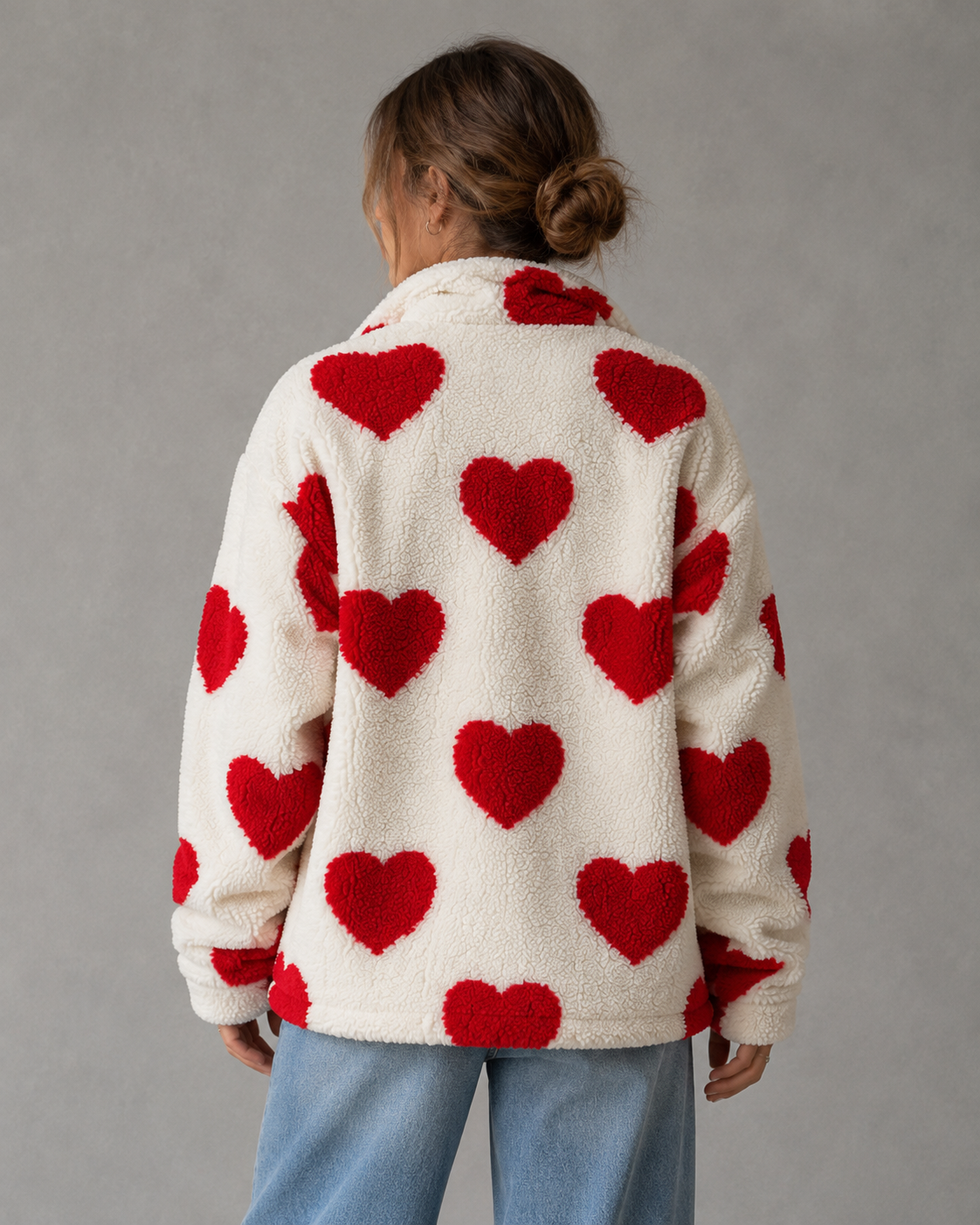 Women's Heart Print Teddy Fleece Jacket - Full Zip