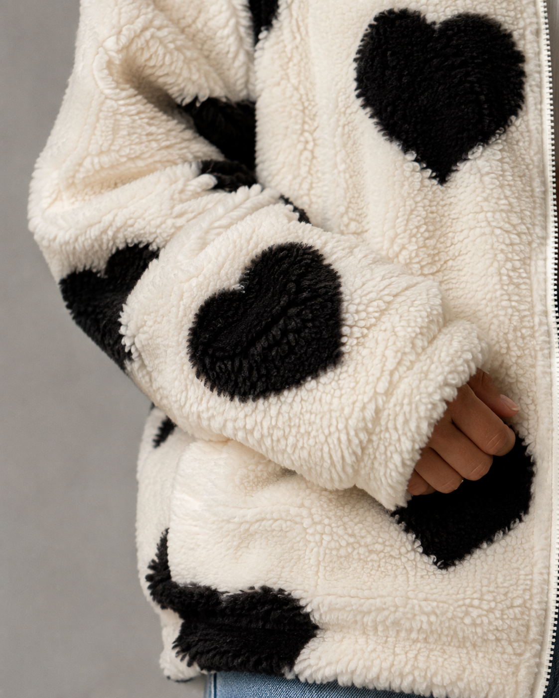 Women's Heart Print Teddy Fleece Jacket - Full Zip
