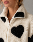 Women's Heart Print Teddy Fleece Jacket - Full Zip