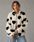 Women's Heart Print Teddy Fleece Jacket - Full Zip