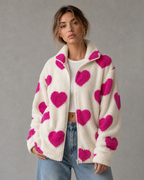 Women's Heart Print Teddy Fleece Jacket - Full Zip