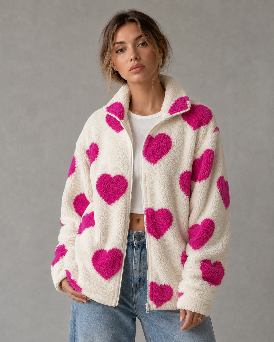 Women's Heart Print Teddy Fleece Jacket - Full Zip