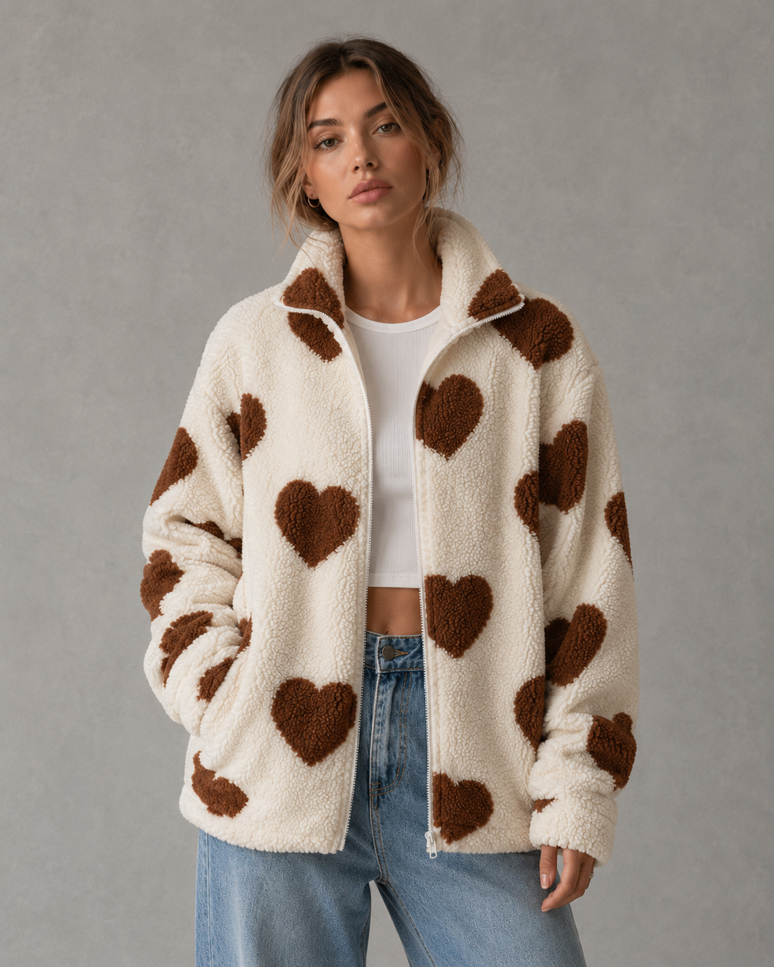 Women's Heart Print Teddy Fleece Jacket - Full Zip