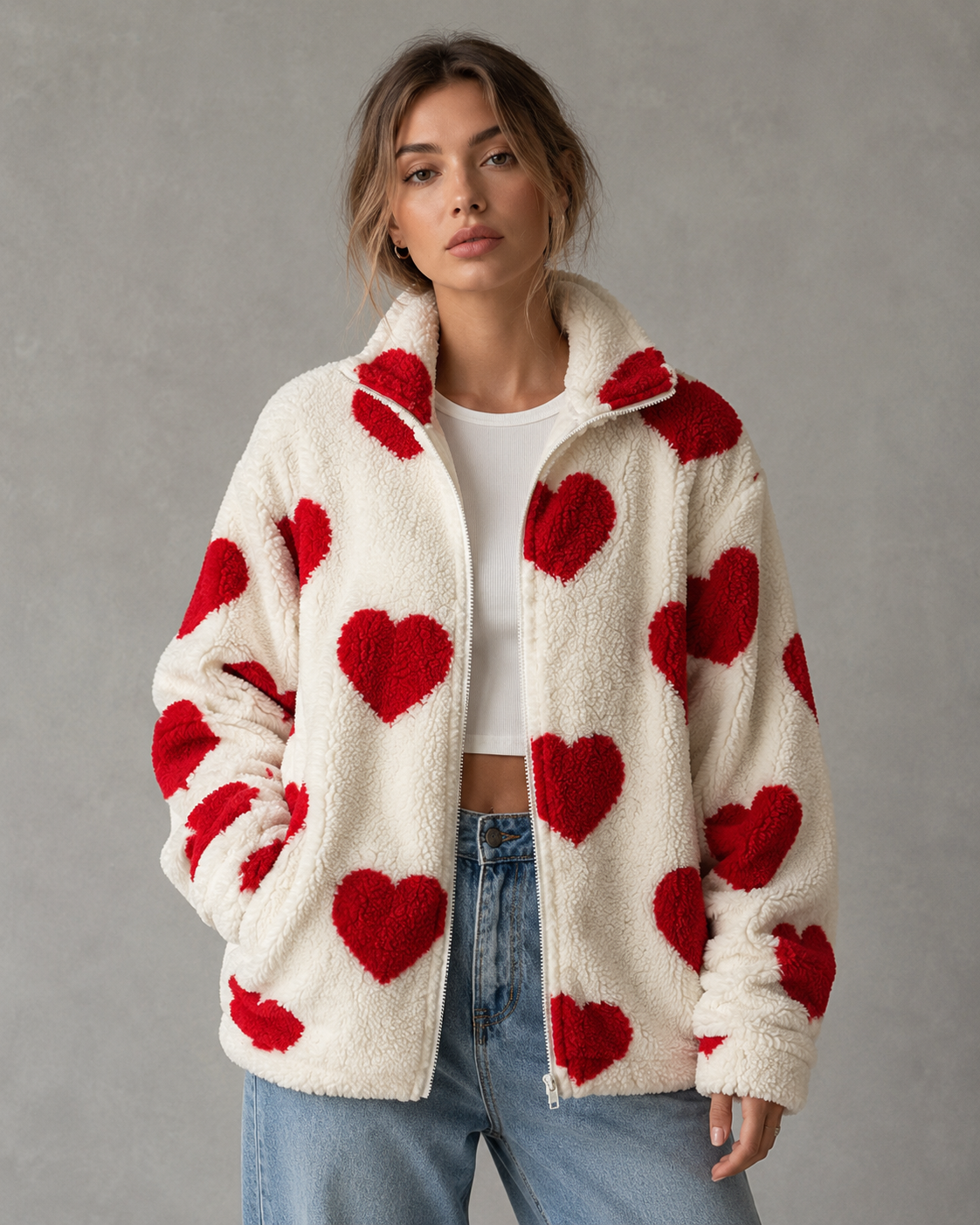 Women's Heart Print Teddy Fleece Jacket - Full Zip