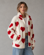 Women's Heart Print Teddy Fleece Jacket - Full Zip