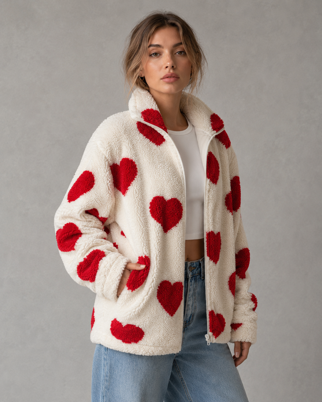 Women's Heart Print Teddy Fleece Jacket - Full Zip