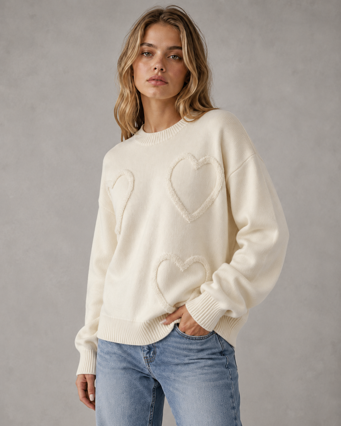 Women's Heart-Textured Drop-Shoulder Knit Sweater