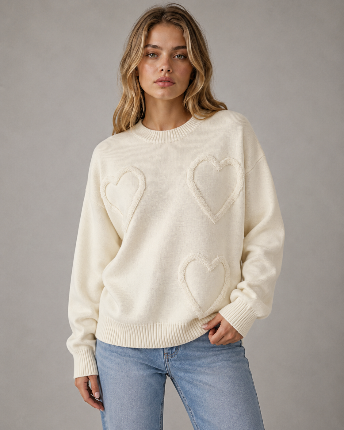 Women's Heart-Textured Drop-Shoulder Knit Sweater