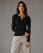 Women's Henley Top - Ribbed Long Sleeve Slim Fit