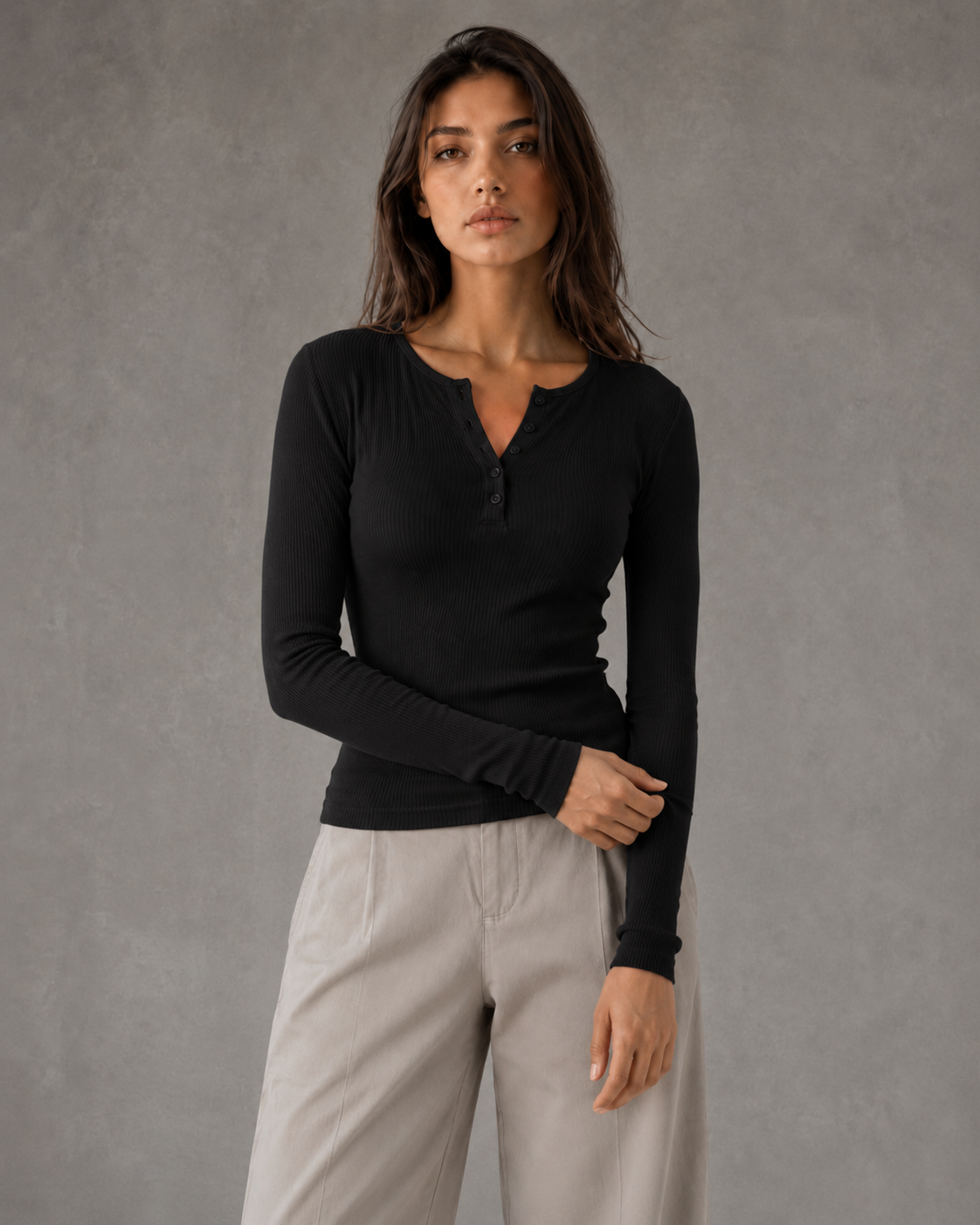 Women's Henley Top - Ribbed Long Sleeve Slim Fit