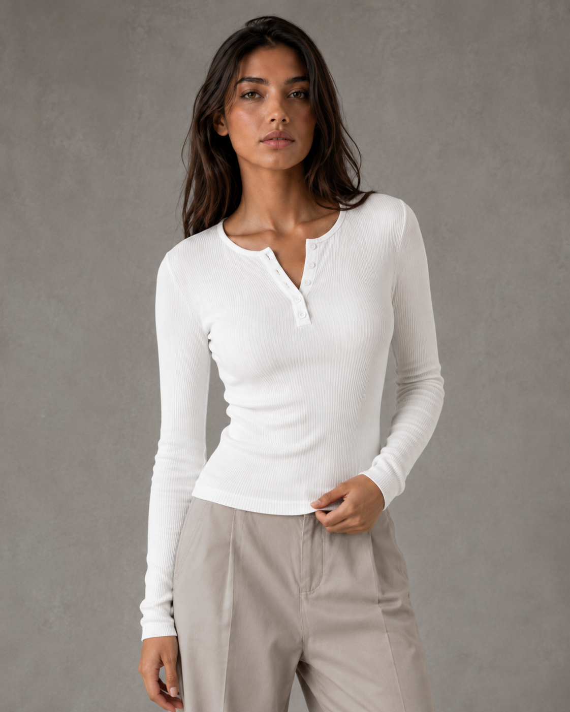 Women's Henley Top - Ribbed Long Sleeve Slim Fit