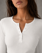 Women's Henley Top - Ribbed Long Sleeve Slim Fit