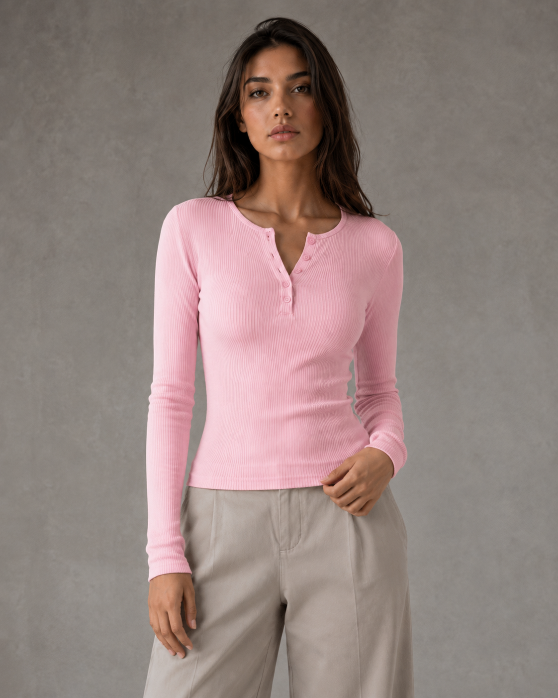 Women's Henley Top - Ribbed Long Sleeve Slim Fit