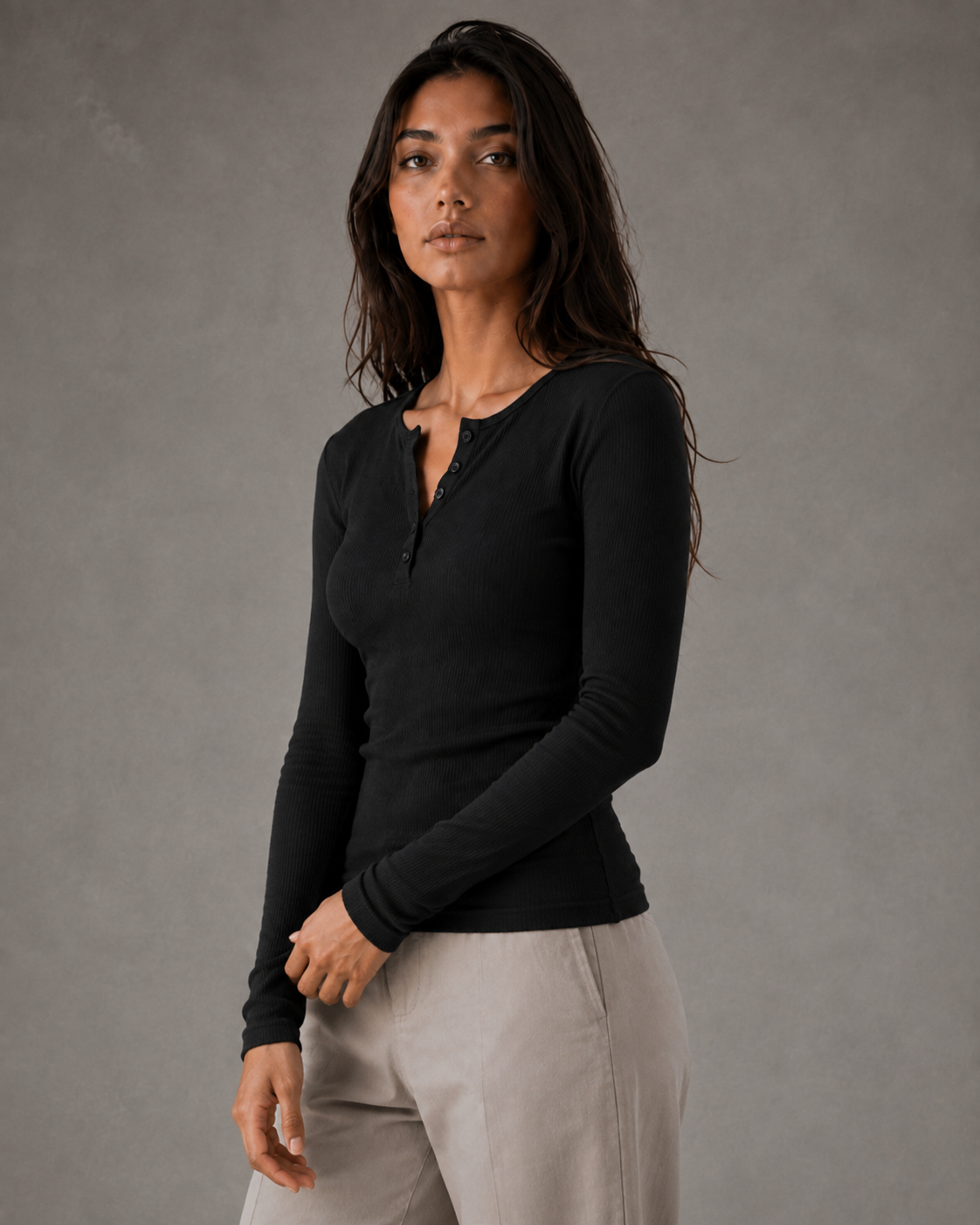 Women's Henley Top - Ribbed Long Sleeve Slim Fit